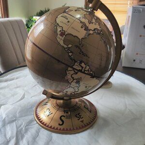 World Globe with Continents, Countries & Oceans. Beautiful Bronze Gold has Axis